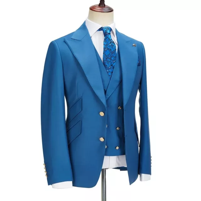 MENS BLUE SUIT Peak Lapel Slim Fit Groom Tuxedos Party Dinner Suit ...