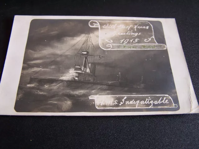 Vintage Ship Postcard HMS Indefatigable Xmas Greetings 1915