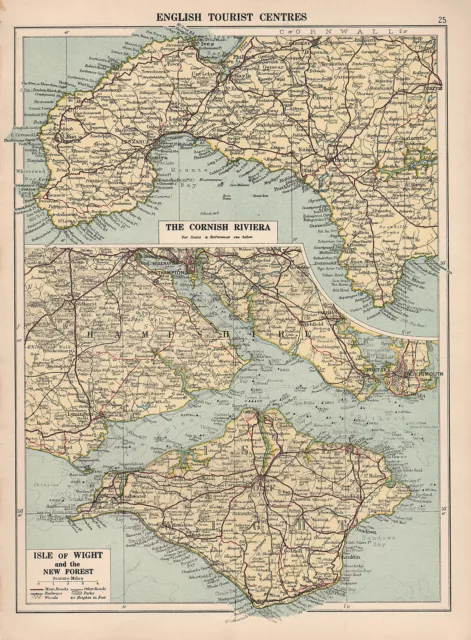 1930 Map ~ English Tourist Centres ~ Cornish Riviera ~ Isle Of Wight New Forest