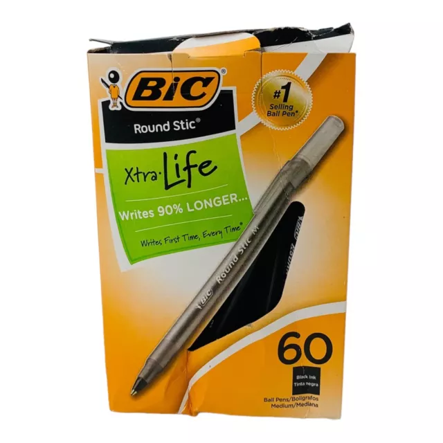 60 Pens BIC Round Stic Xtra-Life Medium Point Ballpoint Pen Black Ink Pen