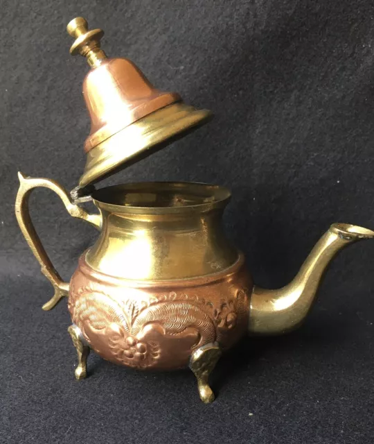 Vtg Copper Brass Moroccan Teapot Coffee Pot Hinged Lid Decorative Sides Marked