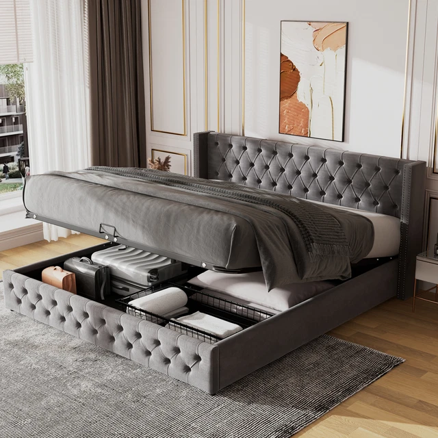 KING BED 150X200 cm Velvet Upholstered Bed W/Hydraulic/ Headboard Bed