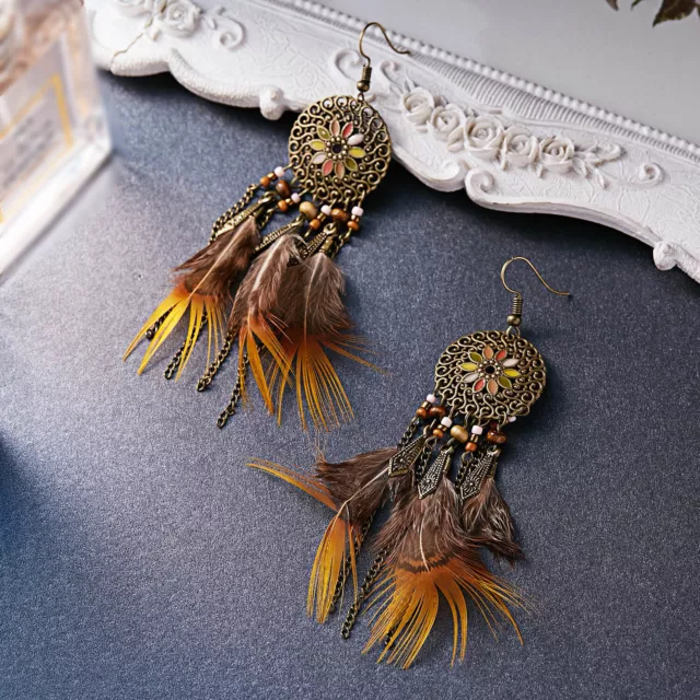 Boho Ethnic Feather Tassel Long Hook Earrings Drop Dangle Women Party Jewellery 3