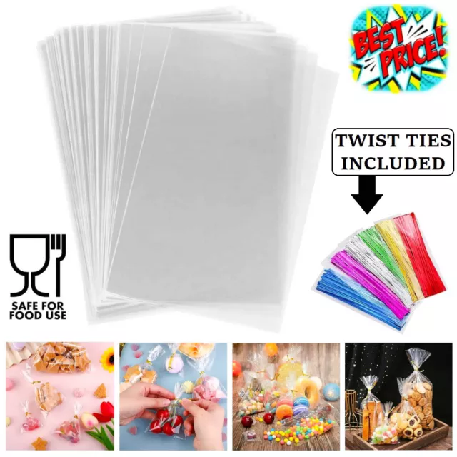 Clear Cellophane Sweet Bags Gift Display Pop Candy Kids Party Treat + Twist Ties