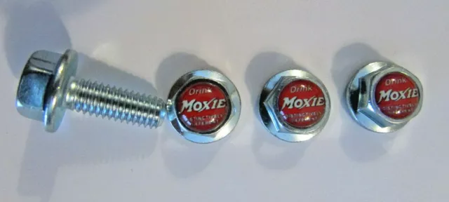 Moxie Soda license plate screws, Drink Moxie Soda logo license plate bolts