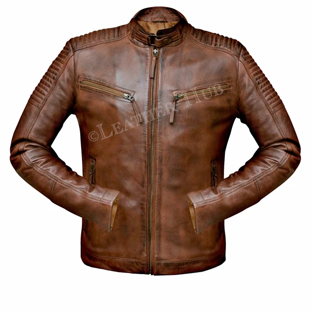 Mens Biker Vintage Distressed Motorcycle Brown Cafe Racer Leather Jacket