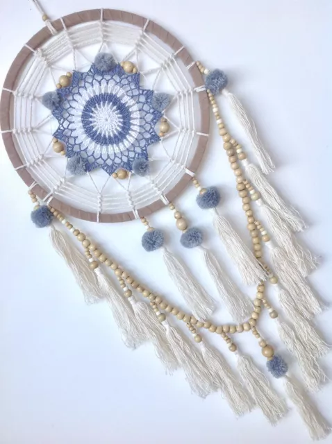 32cm x 90cm Crochet Web Dream Catcher Grey/White/Cream Wall Hanging Room Decor