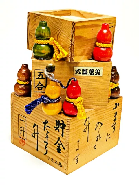 Japanese Wooden 3 Sake Cup Guinomi Vtg 6 Calabash Gourd Lucky Charm Bank Shinto