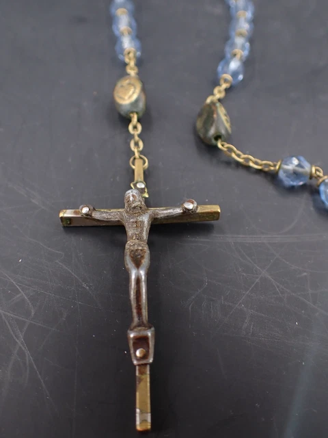 Antique Blue Glass Rosary with Brass Crucifix and Sacred Heart and Saint Beads 2