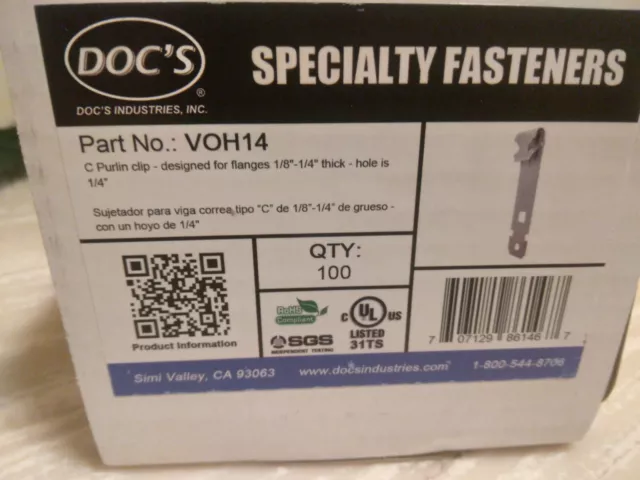 Docs Voh14 1/8"-1/4" 100 Piece Purlin Clips