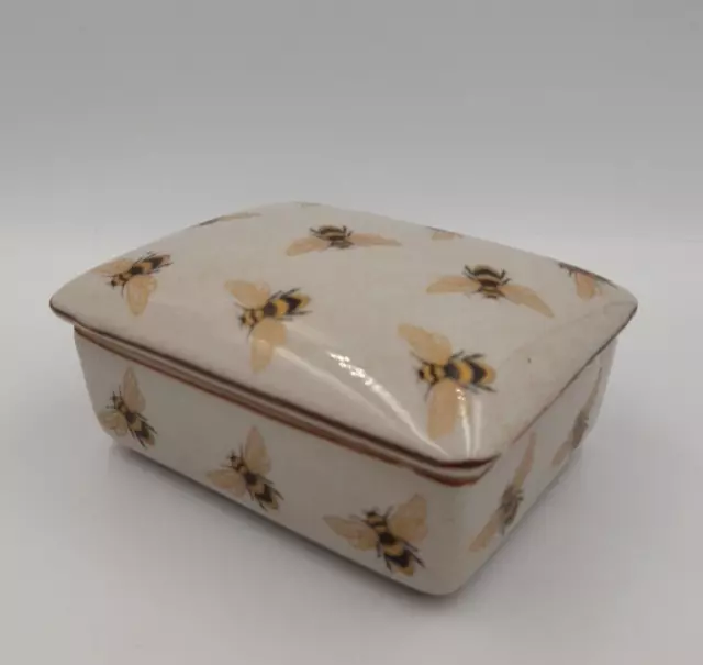 India Jane- SMALL Grey Rectangular Trinket Box With Black And Gold Bee Design