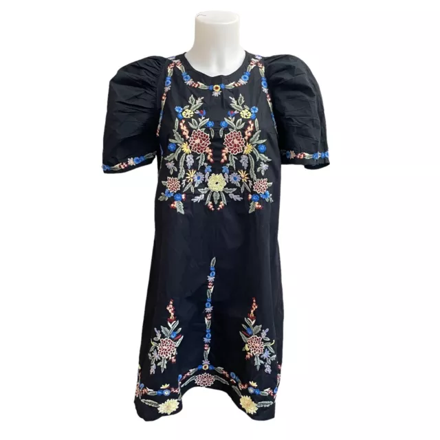 Free People Evangeline Embroidered Mini Black Dress Size XS Puff Short Sleeve