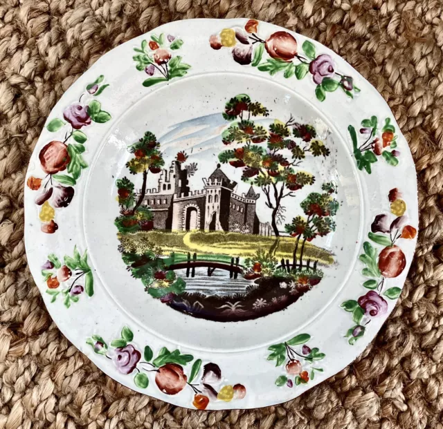 Antique Staffordshire Deep Pearlware Luncheon Plate with Ruined Castle