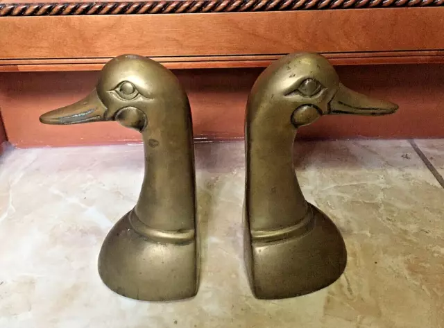 VTG Solid Brass Mallard Duck Head Door stops Book Ends  made in Korea 7"