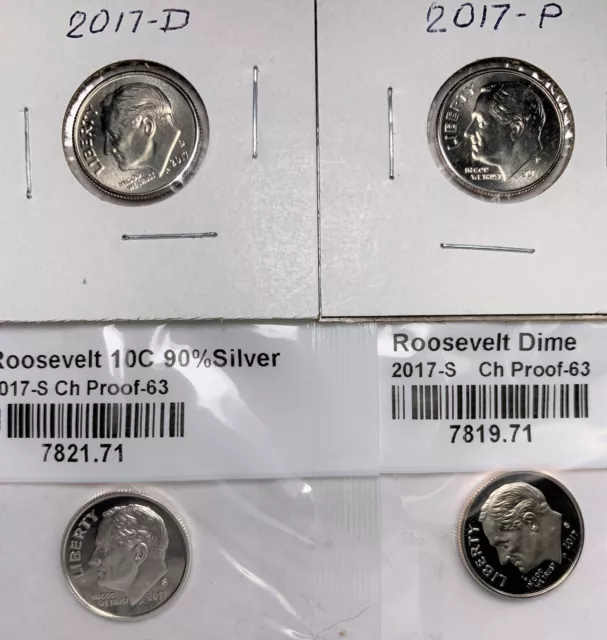 2017 SSPD Roosevelt Dime Set 4 Coins Mint P & D Unc. Mint S proof & silver proof