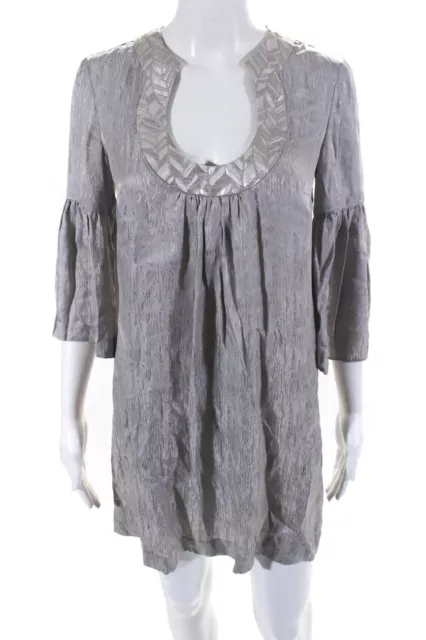 Trina Turk Womens Silk Geometric Bell Sleeve Mini Dress Silver Size 0