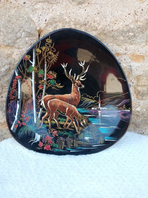 Assiette LONGWY noire  céramique décorée  main art décor animalier