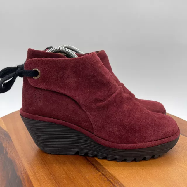 Fly London Boots Yebi Womens 39 EU 8-8.5 US Maroon Suede Leather Wedge Booties