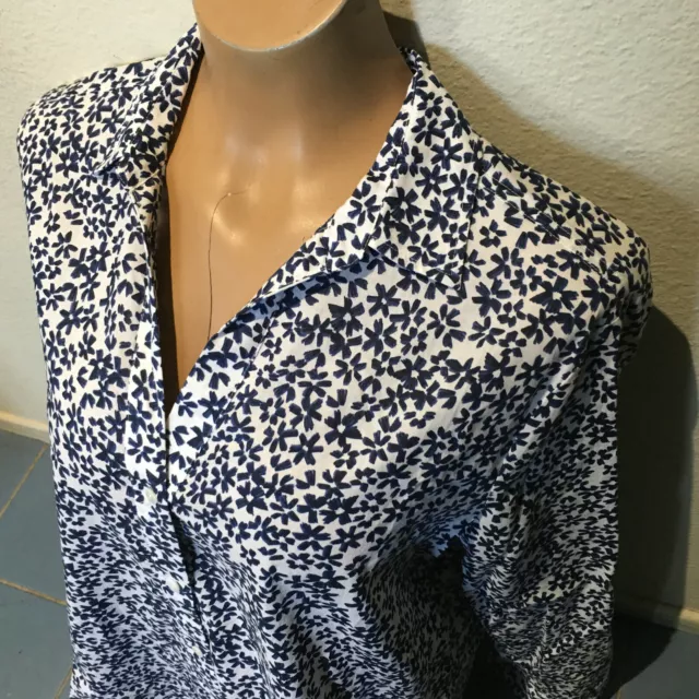 NYDJ Women's Sz S Navy White Floral Cotton Long Sleeve Button Front Tunic Blouse 2