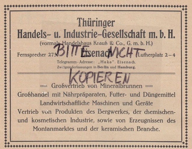 EISENACH, Werbung 1919, Thüringer Handels-Industrie GmbH Mineralbrunnen-Grossver