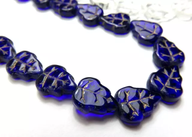 25 Pcs ~ Lrg LEAF ~ COBALT GOLD VEIN  ~ 12x10mm ~ FIRE POLISH ~ GLASS BEADS LOT