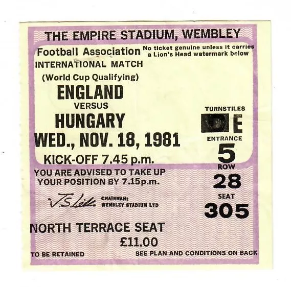 England v Hungary - World Cup Qualifier Nov. 1981 - Match Ticket