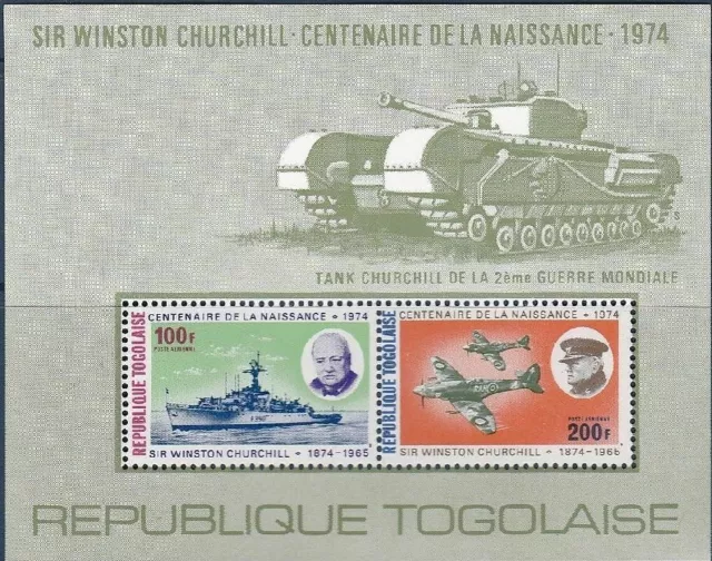 TOGO 1974 Block 92 B C241a W. Churchill Warship Ship Tank Tank Airplane MNH