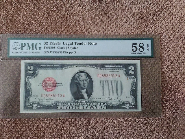 1928 Series G $2 Two Dollar Banknote, Very Nice, Red Seal, Cau, Pmg 58 Epq
