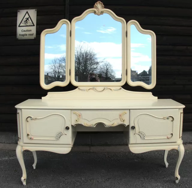 French Louis XV Style Carved Oak Beige Triple Mirror Dressing Table (SOMB63)