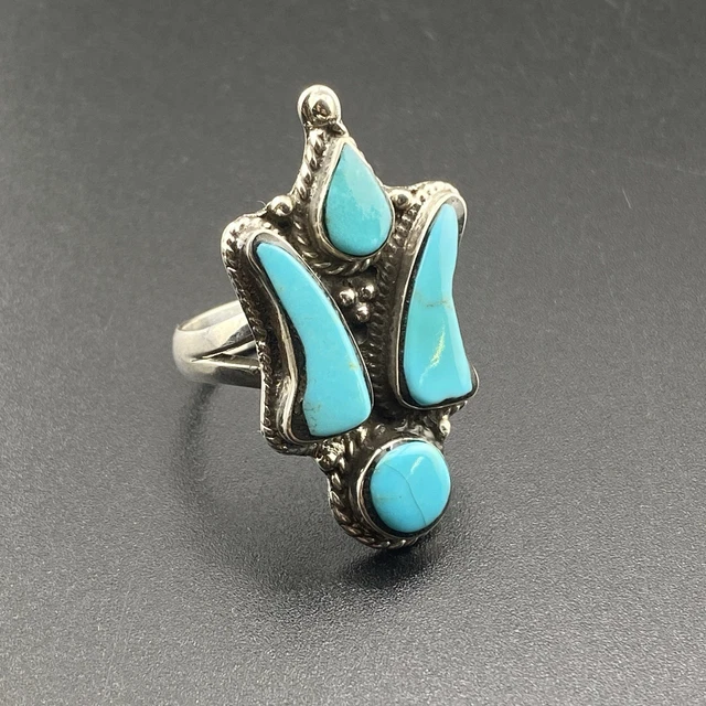 Bague Ancienne En Argent Massif 925 Avec Turquoise Bleue - Taille 53/54, Occasion