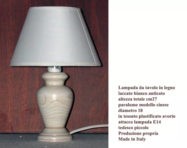 Lampada da tavolo lumetto comodino h27 abat jour in legno bianco anticato