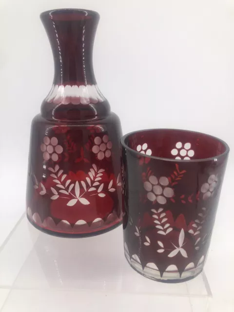 Vintage Bohemian Czech Ruby Cut to Clear Bedside Water Carafe Tumble Up & Glass.
