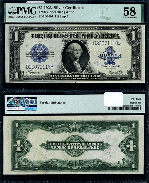 FR. 237 $1 1923 Silver Certificate Choice PMG AU58 MUST SEE