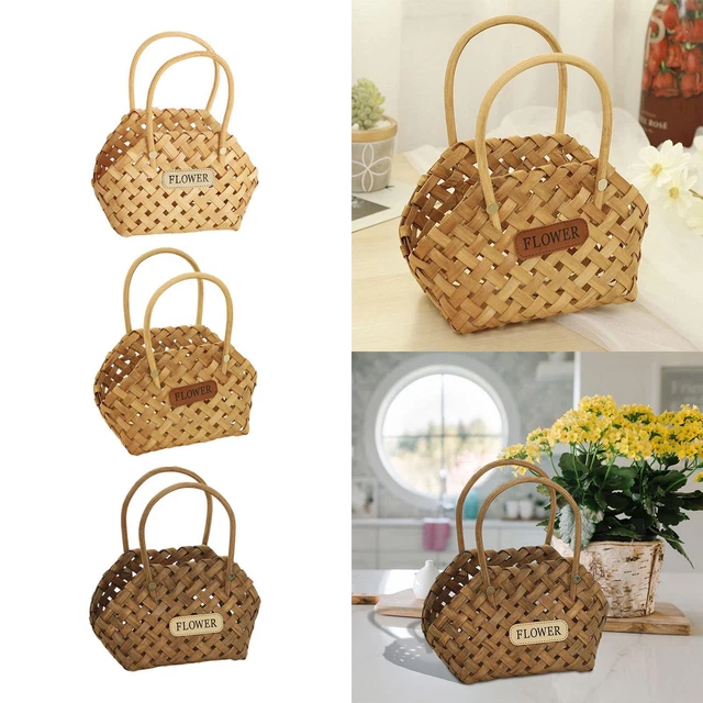 Cesta de flores tejida a mano con mango, cesta de madera portátil, decorativa,