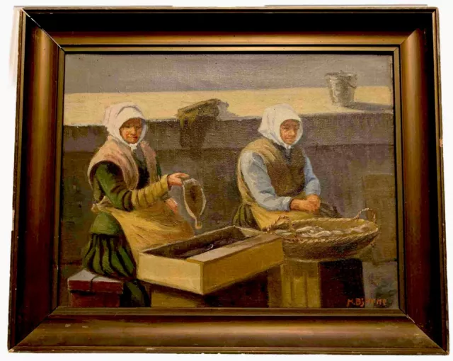 VTG Signed Painting Peasant Women Working w Woven Basket Framed 19x16  BRILLIANT