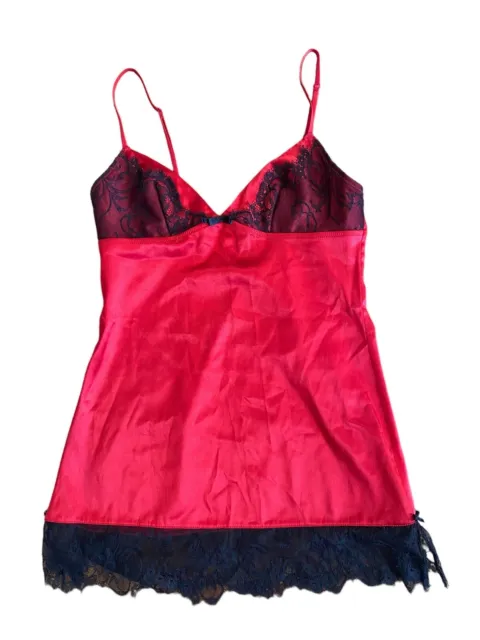 Victorias Secret Red Black Satin Short Chemise Negligee Nightie Cami Lace XS