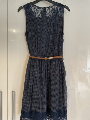 Zara Medium Navy/white Spotted Dress With Lace