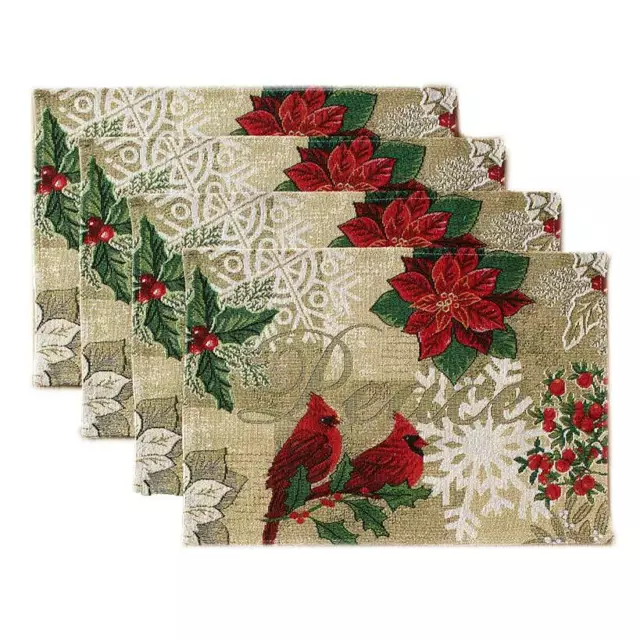 Red Cardinal Tapestry PEACE 4-pc Placemats Snowflakes Poinsettias Holly Berries