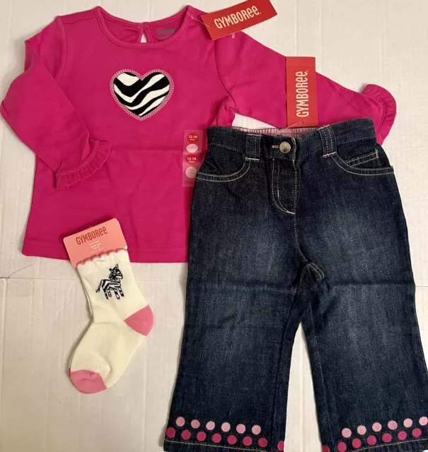 NWT Infant Girls 12-18 Mo Gymboree WILD ONE Cotton Denim Jeans Top Socks 3pc Set