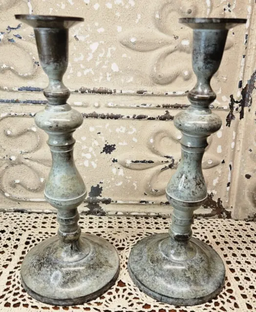 Beautiful Pair of Metal & Smooth Stone 10" Tall Candle Stick Holders