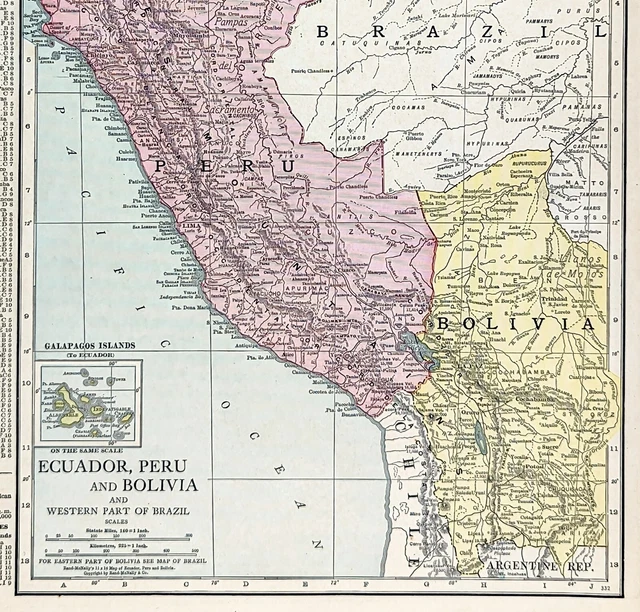 1916 Peru Bolivia Ecuador Map Western Brazil Amazon Lima La Paz Quito Galapagos
