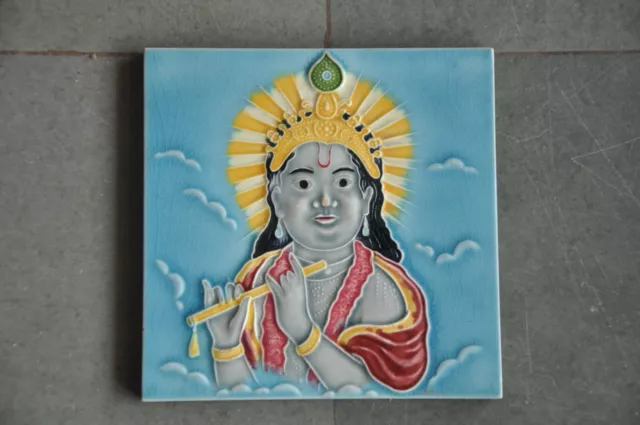 Vintage Colorful Lord Krishna Picture Embossed Tiles, Japan? 2