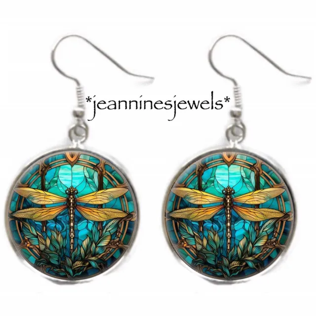 Dragonfly Earrings TEAL Blue Boho Bohemian Art Nouveau Print Silver Charm Dangle