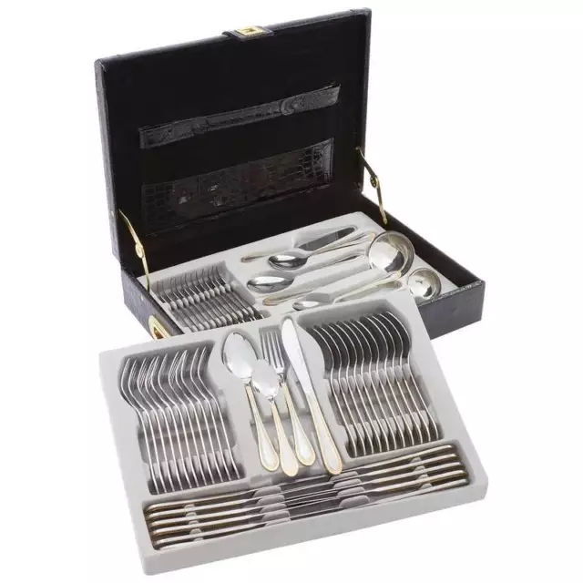 72 Pc. Gold Trim Heavy Gauge Stainless Steel Dinnerware Hostess Flatware Set