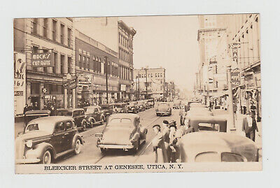 RPPC Utica, NY - Bleecker Street - Mack's Cut Rate - Old Cars Postcard 1201