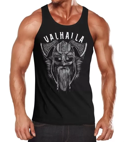 Herren Tank-Top Aufdruck Valhalla Wikinger Helm Viking Odin Krieger Muskelshirt