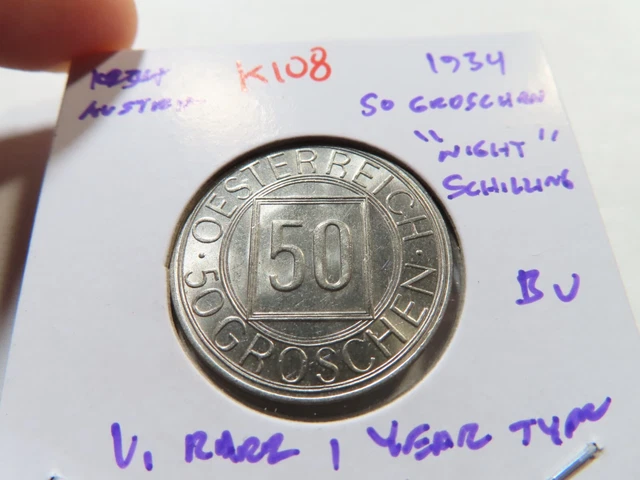 K108 Austria 1934 50 Groschen "Night" Schilling BU VERY RARE YEAR-1 TYPE