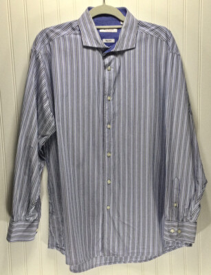ISAAC MIZRAHI Mens Size 17.5 34/35 Slim Fit Blue Striped Cotton Dress Shirt