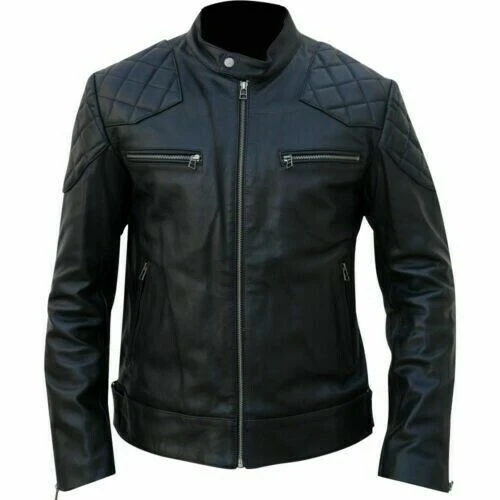 Mens Black David Beckham Real Leather Biker Jacket Vintage Cafe Racer Slim Fit