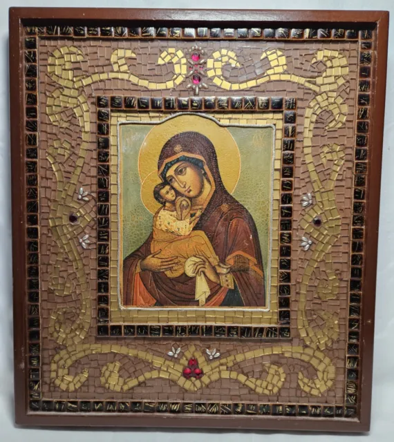 Antique Russian Greek Orthodox Religious Icon Mosaic Madonna And Child Picture